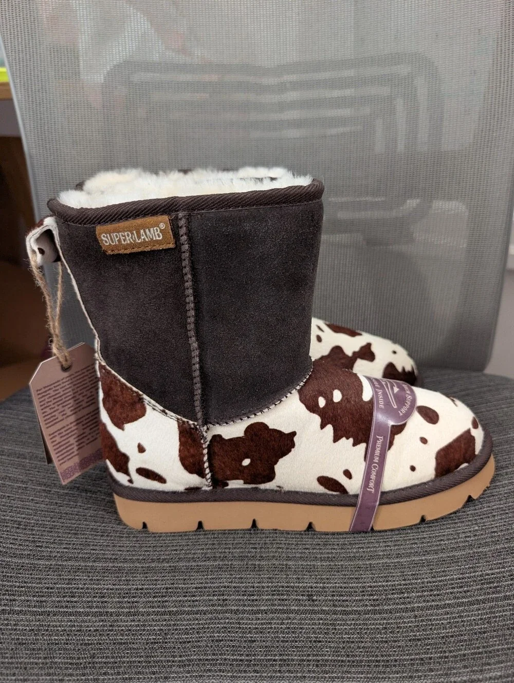 Superlamb Cow Print Sheepskin Boots Brown White Size 7 Wide NWT